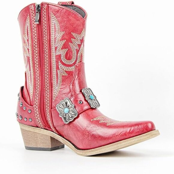 Women's Red Ankle High Embroidery Pointed Toe Cowgirl Boots Rodeo Country - Picture 2 of 3